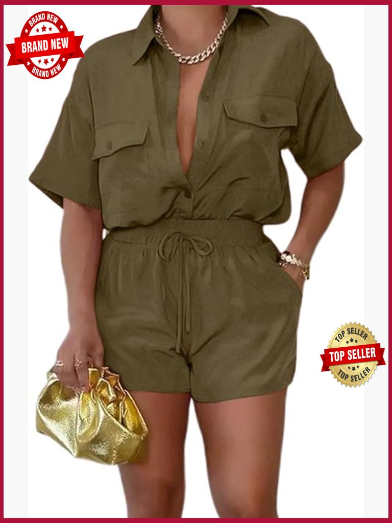 2 Piece Short Sleeve Button Down Shirt And Shorts Set Lounge Outfit